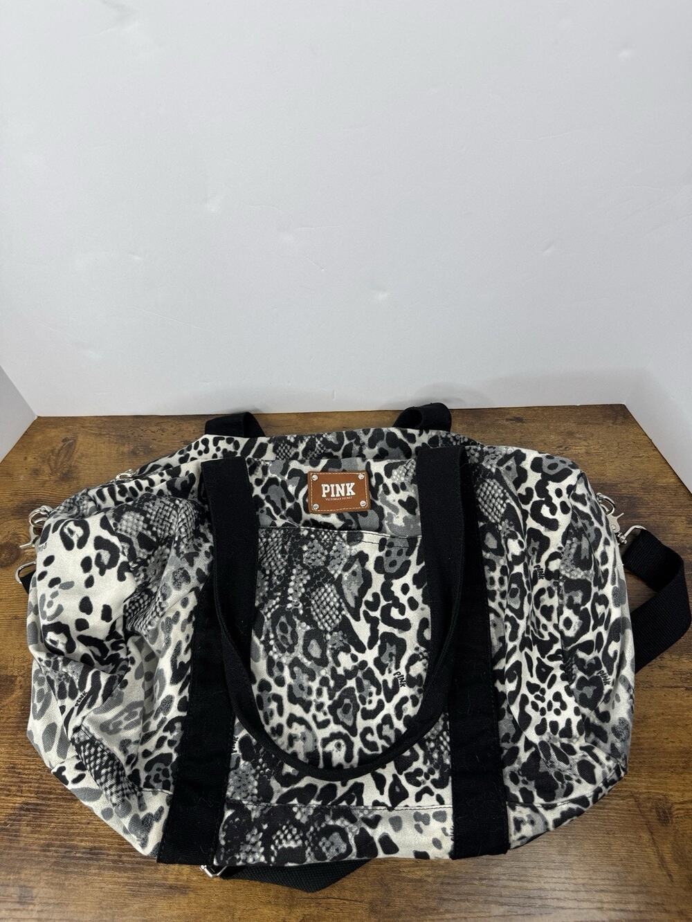 Victoria’s Secret PINK Black White Animal Print Canvas Duffel Bag Y2K Leopard